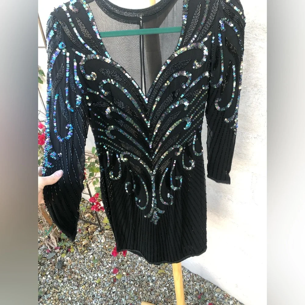 Vintage  mesh sequin beaded silk mini dress with long sleeve holiday sparkle - Picture 12 of 16